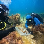 Divers fasten the metal frame the loosed during the deploying process