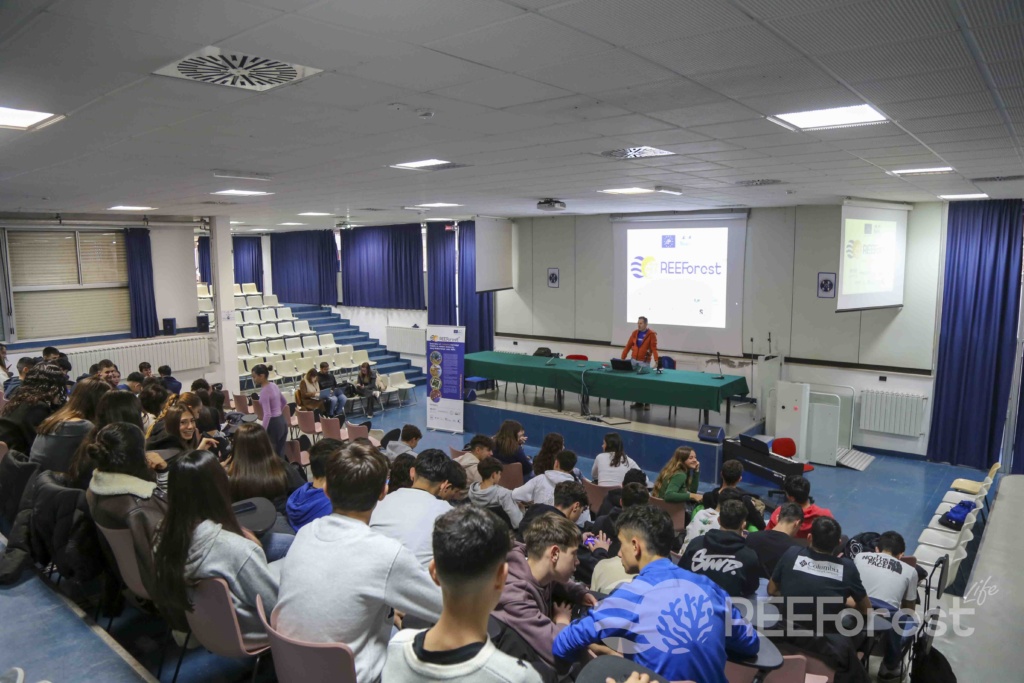 A room full of students listening to the presentation on the REEForest project