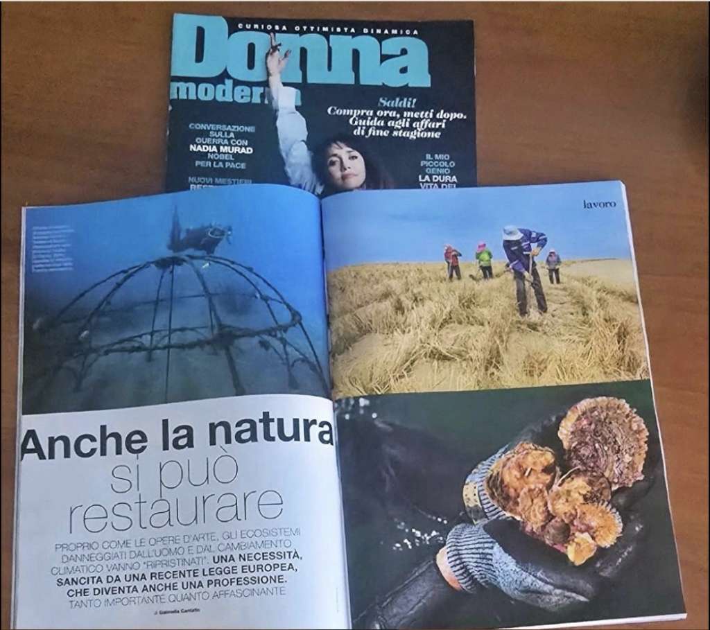One copy of the italian magazine Donna Moderna is open on an article spread showing the reportage which includes the REEForest project. We can read the italian title "Nature can be restored as well" and we can see three pictures depicting marine and terrestrial restoration. We can see also another copy of the magazine Donna Moderna showing the title of the magazine.