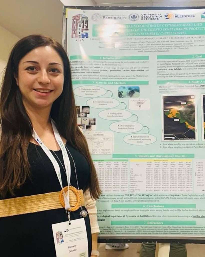 Our researcher Filomena Cerciello stands smiling in front of a large research poster. She wears a black sleeveless dress with a white cardigan and has a conference lanyard with an ID badge around her neck. Behind her is a scientific poster with detailed materials and methods, study area maps and results on the natural capital calculation for the REEForest project. The poster displays logos from multiple institutions and the REEForest project at the top.