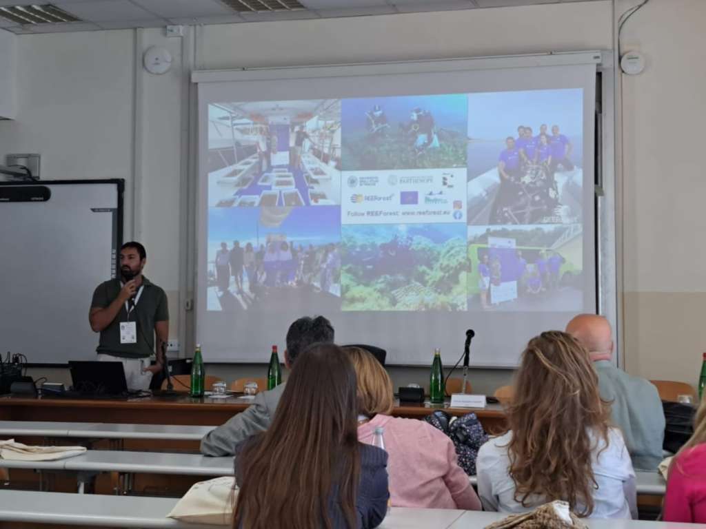 Inside a conference room, our researcher Francesco Rendina wearing a dark shirt and lanyard stands at the front left, speaking to an attentive audience . He gestures while presenting to a large projection screen displaying a grid of REEForest project photograph showing restoration activities, our divers working underwater, a group picture of our researchers and divers, and marine forest landscapes. Green bottles and water glasses are arranged on the table in front of the seated attendees. The setting is a formal academic presentation in one of the rooms of the University of Campania "Luigi Vanvitelli".