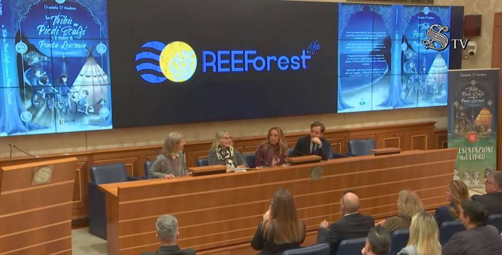 The press conference panel with the REEForest Life project logo prominently displayed on the central screen. The logo features blue waves and a yellow circle with algae symbols. Four speakers (Annalisa Falace, the conference host, Daniela D'Andrea, Yanez Fallacara) are seated at the panel desks, with promotional materials for the children's book visible on screens to either side. The audience remains engaged in the tiered seating area of the Senate chamber.