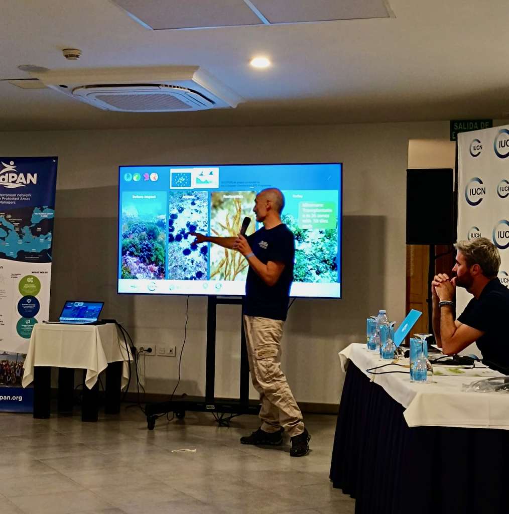 Shoreline researcher Saul Ciriaco holds a microphone and stands in front og a big tv screen showing slides on marine restoration, with four pictures on the different steps of restoration, arranged vertically. On his left, a banner showing the IUCN logo and another speaker is sitting at the speaker's table with water and glasses in front of him. On his right, we can see half of another banner showing the MedPan logo.